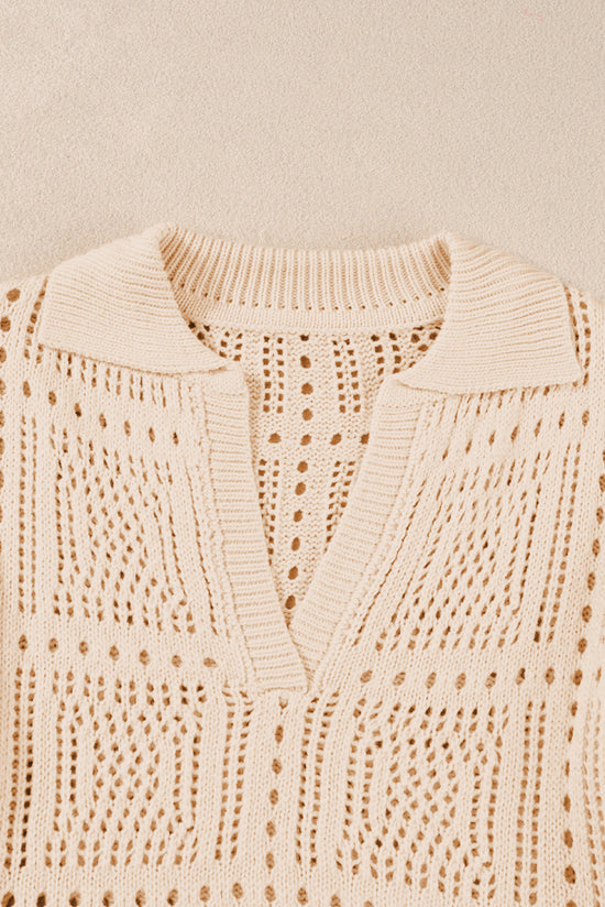 Short -sleeved knitting top hollowed out with apricot folded collar