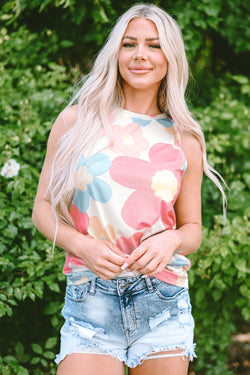 Sleeveless round neck top with pink floral print