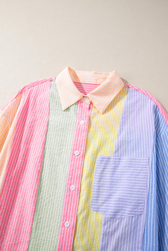 Oversize pink shirt with stripes and color blocks with chest pocket