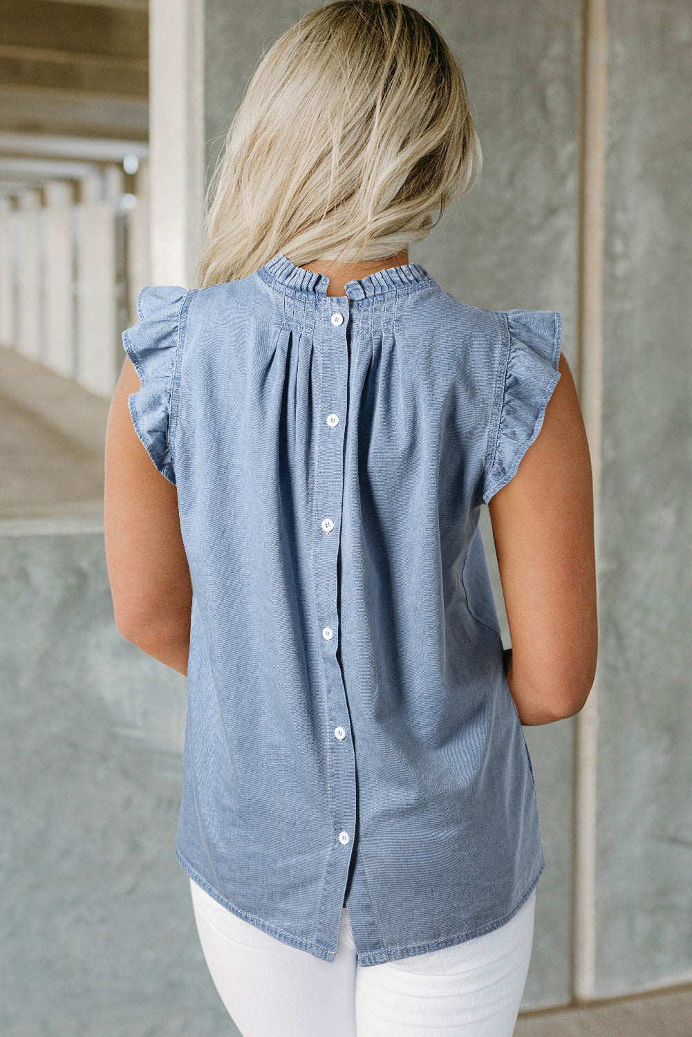 Retro high in pleated chambray with ruffles*