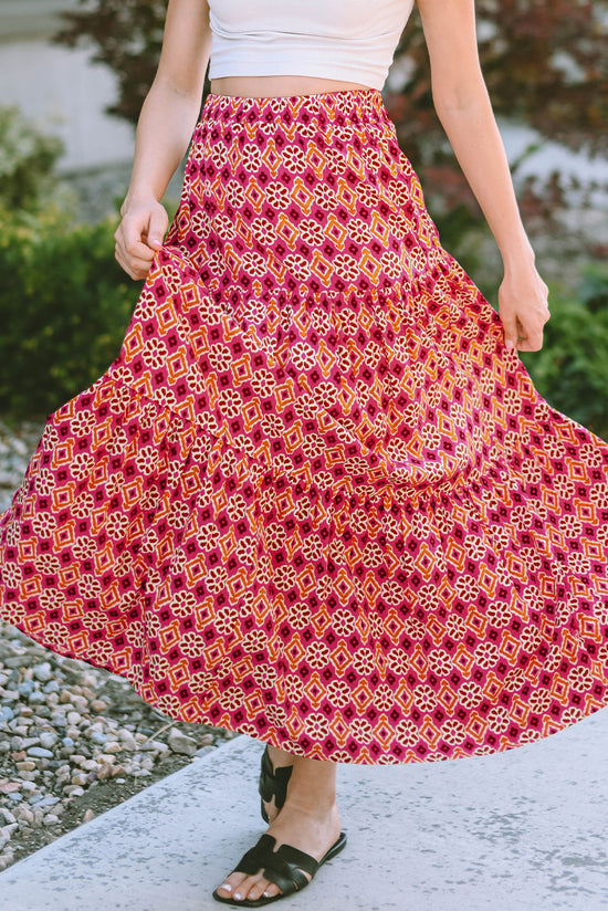 Long skirt with several levels with floral print bohemian vintage pink