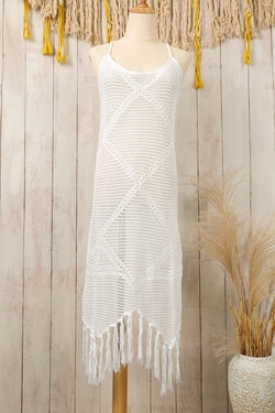 Robe de plage blanche à pompons et nœud croisé dans le dos