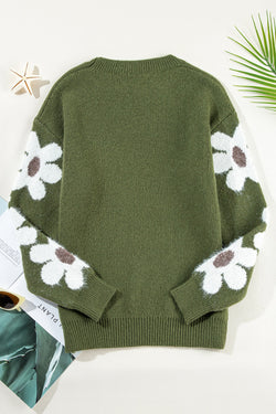 Moss green sweater with dropped shoulders and floral sleeves