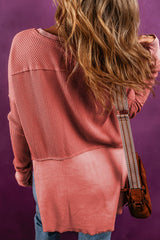 Mineral Red Waffle Knit Patchwork Top with Split Neck and Exposed Seams
