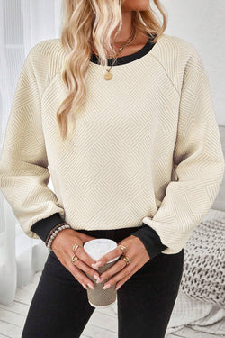 Jet Stream Textured Crew Neck Raglan Sleeve Top with Color Block Edges