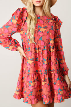 Rose Red Floral Long Sleeve Ruffle Shoulder Mini Dress