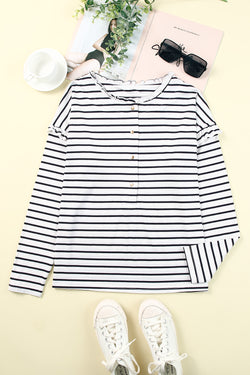 White Striped Print Ruffle Buttoned Long Sleeve Top