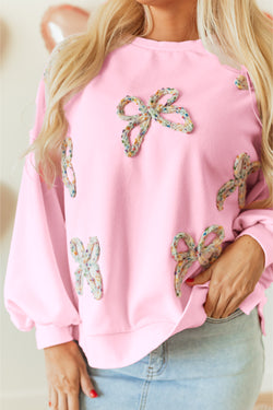 Light Pink Embroidered Bow Lantern Sleeve Oversized Sweatshirt