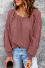 Waffle knit top with puff sleeves and square neck