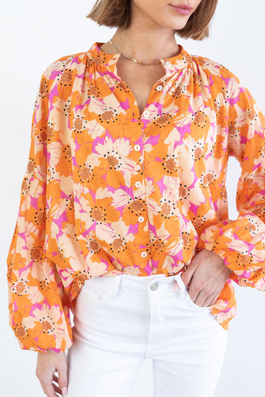 Orange Floral Print Loose Sleeve Shirt