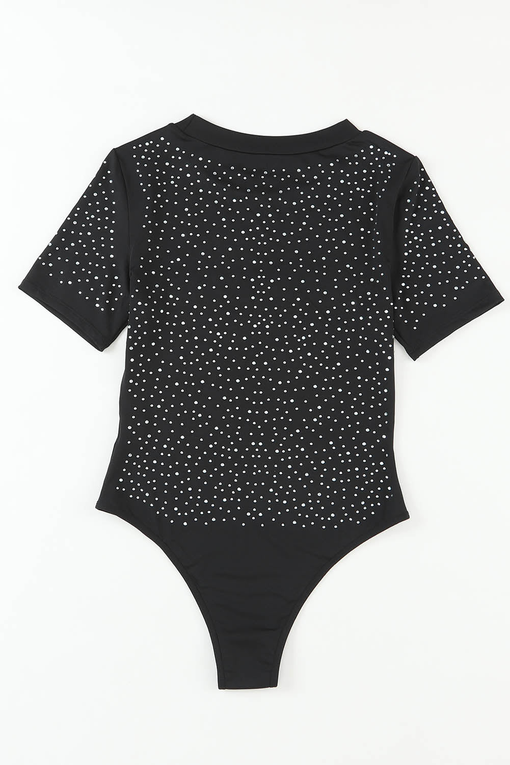 Rhinestone negro Bodysuit de manga corta de cuello redondo