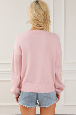 Pink chenille crew neck sweater with daisy stitching