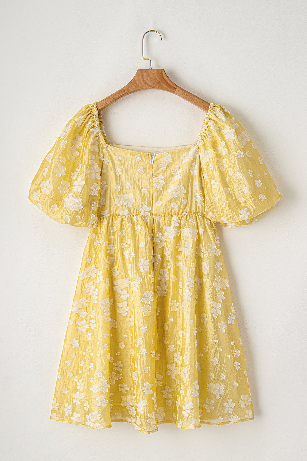 Amarillo boho flor jacquard hojaldre manga cuadrado mini vestido