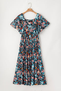 Sky blue floral long dress with knotted back and square neck