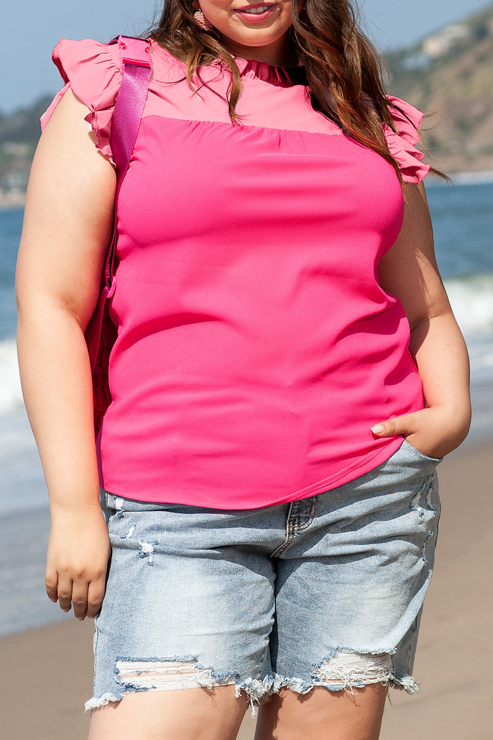 Strawberry Pink Textured 2-Tone Patchwork Frill Neck Ruffled Trim Plus Blouse 2-Tone Patchwork Plus Size Blouse