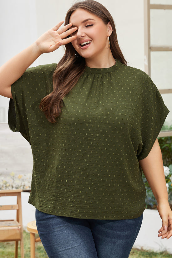 Plus Size Moss Green Swiss Polka Dot Top with High Neck and Tie Neck