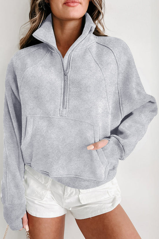 Light gray sweatshirt with stand-up collar and kangaroo pocket with quarter-turn zip