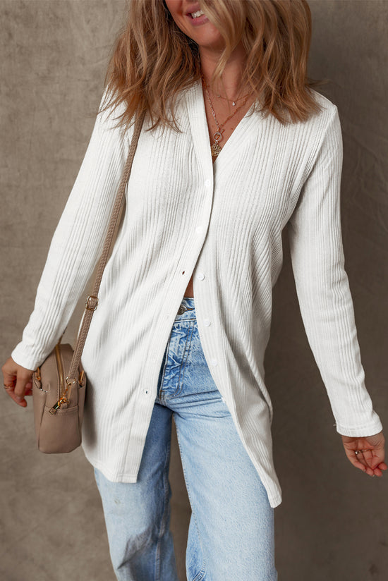 Cardigan tunique boutonné côtelé de couleur unie blanc