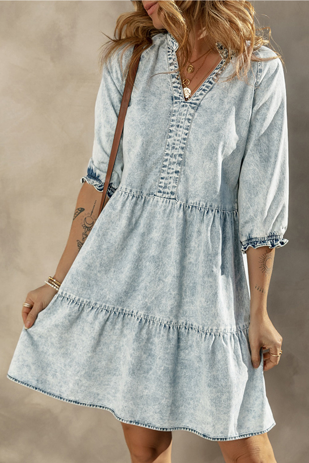 Dusk Blue Acid Wash Retro Robe en jean évasé à manches demi-manches