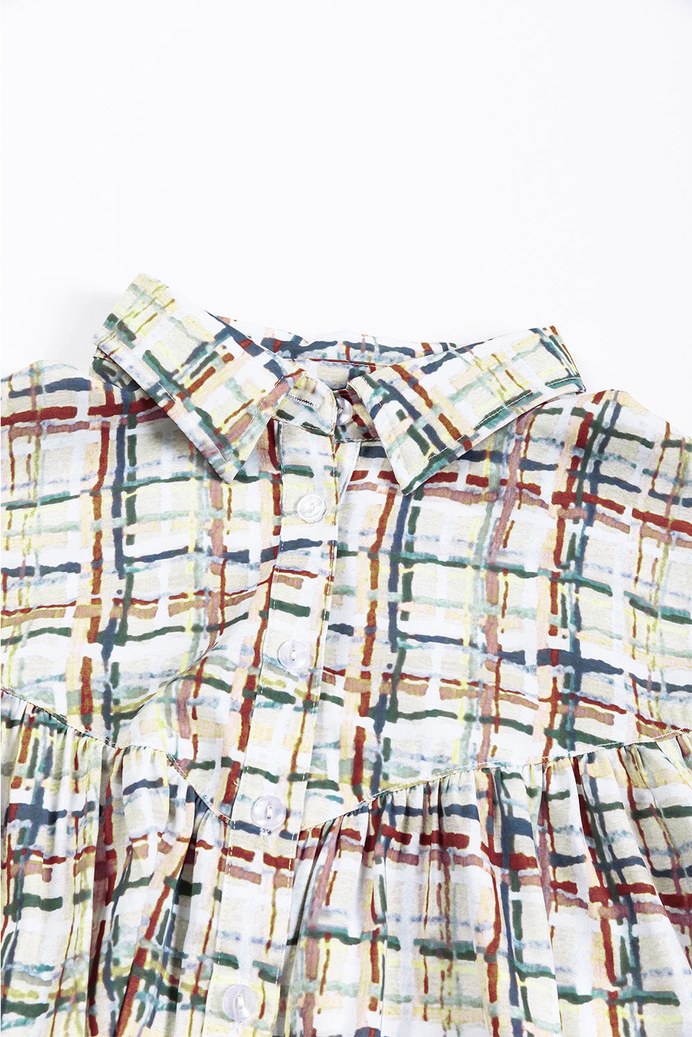 Multicolor Plaid Pattern Puff Sleeve Button Up Shirt