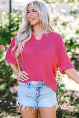 Short -sleeved top and pink strawberry pink knitting with split collar