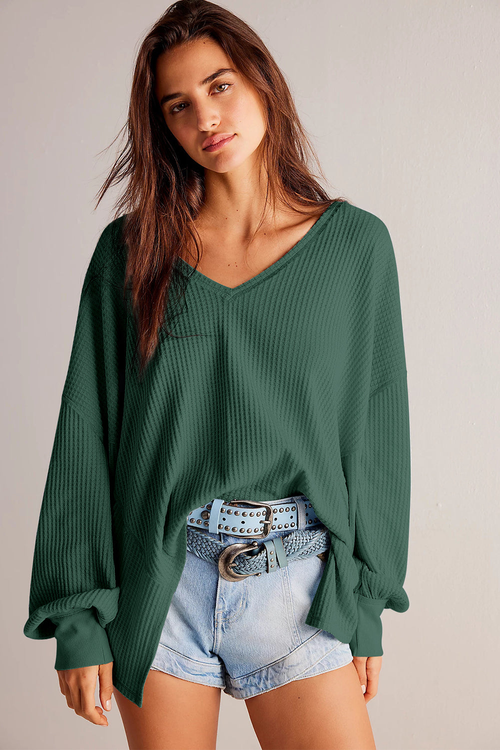 Blackish Green Waffle V Neck Swoul de manga larga de manga larga Blusa suelta