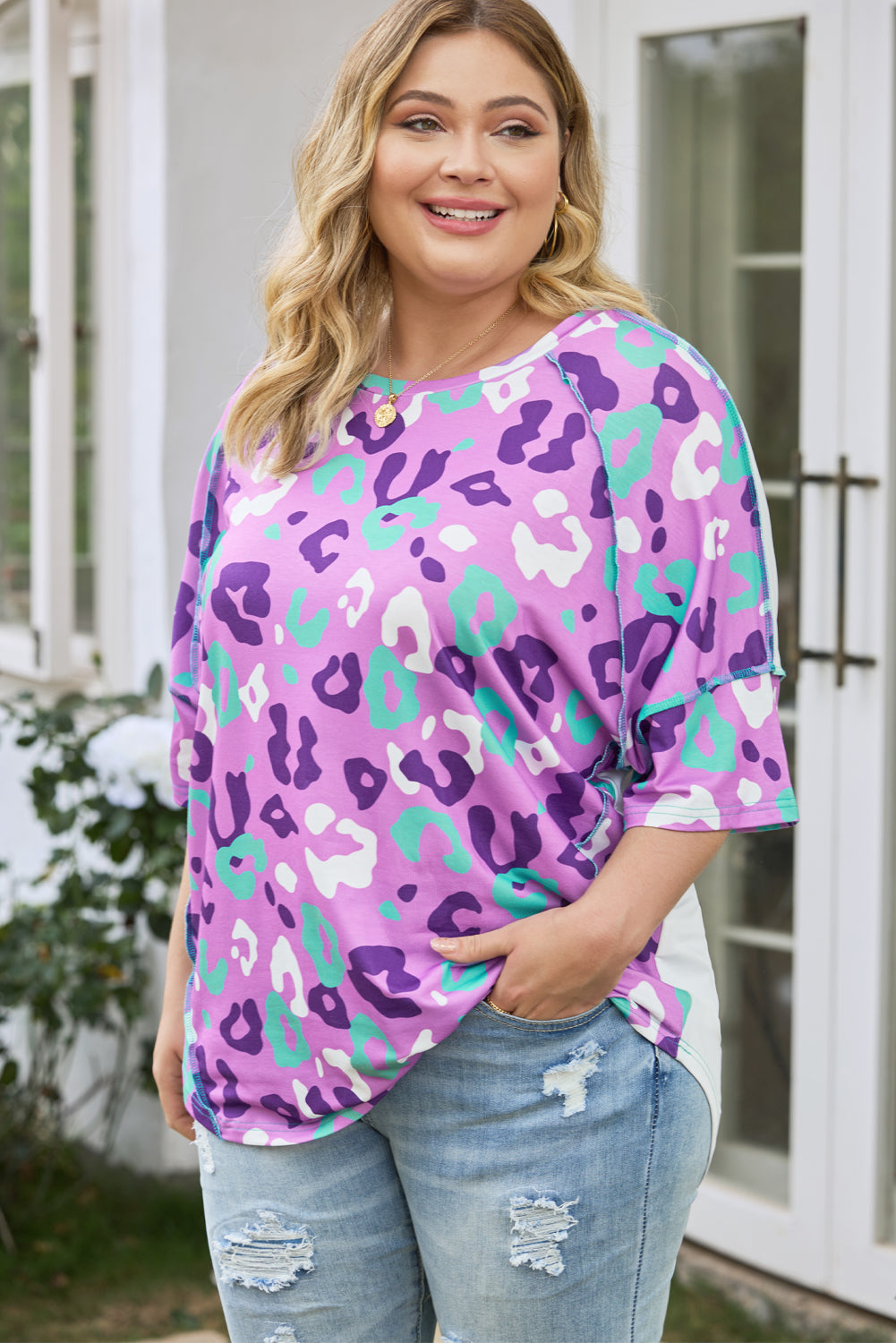 Purple Leopard Kiss Print Tun a manica corta Plus size