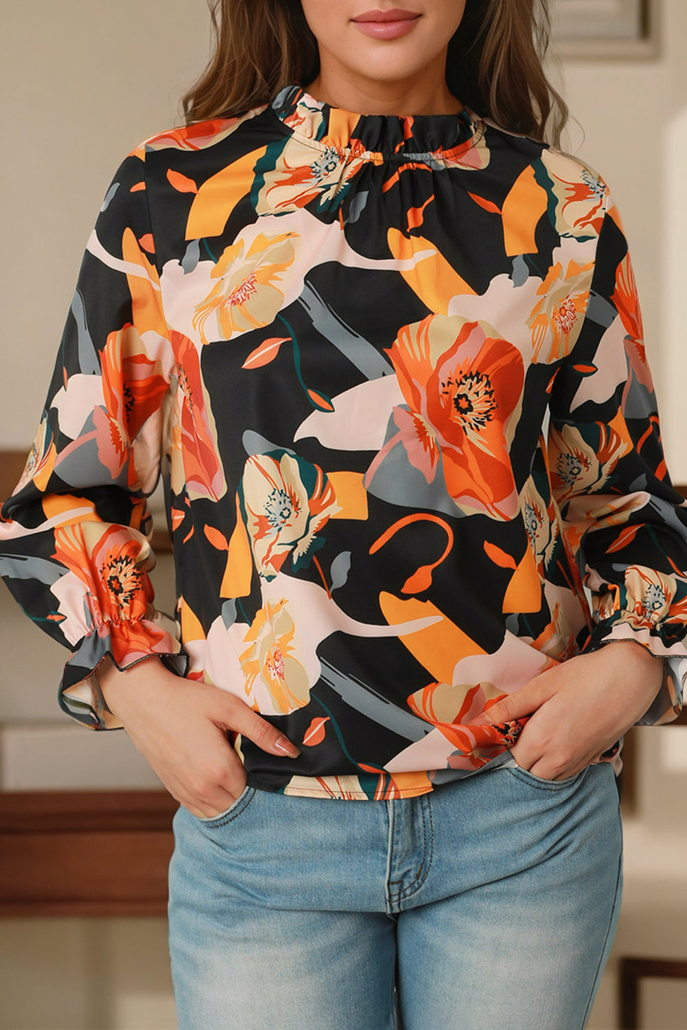 Blouse de cou de cou à imprimé floral noir