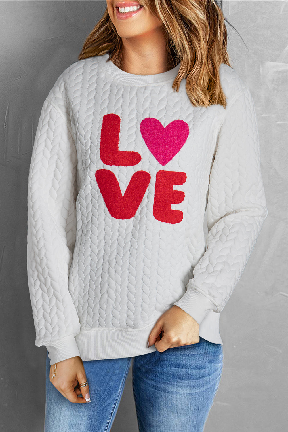 Weiße Liebe Chenille bestickte Kabelstrickpullover Sweatshirt