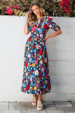 Retro green floral print split neck maxi dress