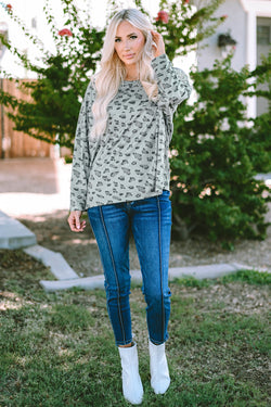 Leopard Animal Print Seamed Long Sleeve Loose Top