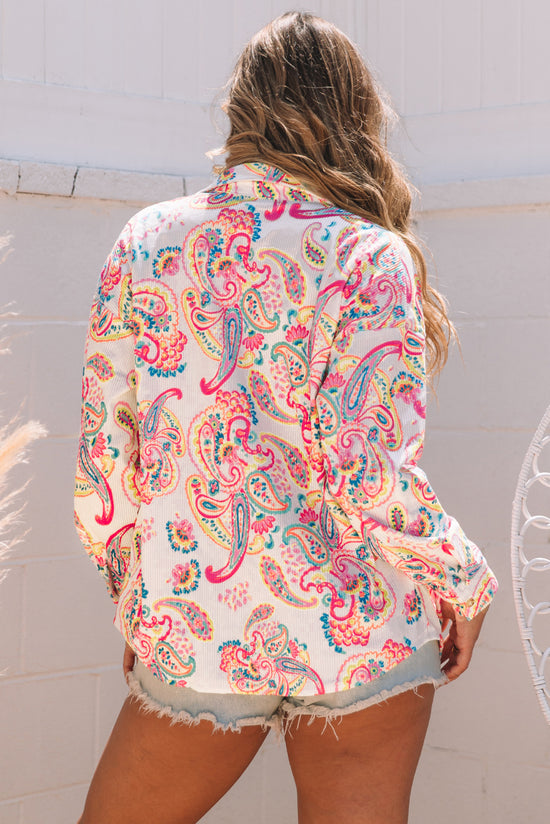 White Paisley Print Button-Up Corduroy Jacket