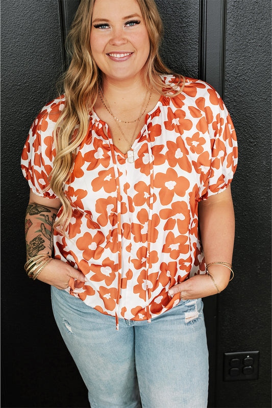 Orange Plus Size Blumendruck Kordelstring gegen Nacken Kurzarmbluse