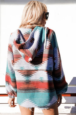 Multicolored zipped hooded sweatshirt with Aztec print and split collar