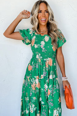 Green Floral Print Tiered Smocked Midi Dress