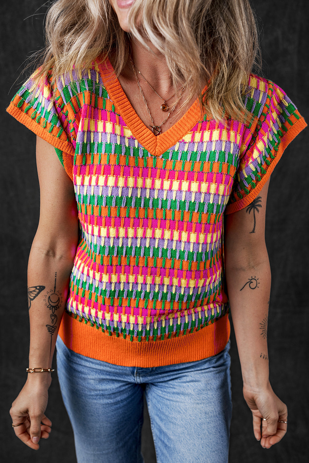 Top maglione a maglia a maglia arancione arancione multicolore