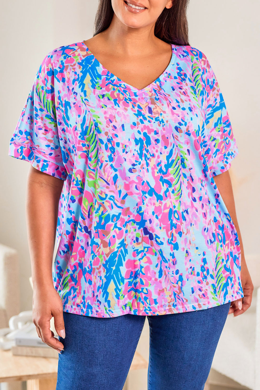 Sky Blue Plus Size Plant Stampa a v-shirt