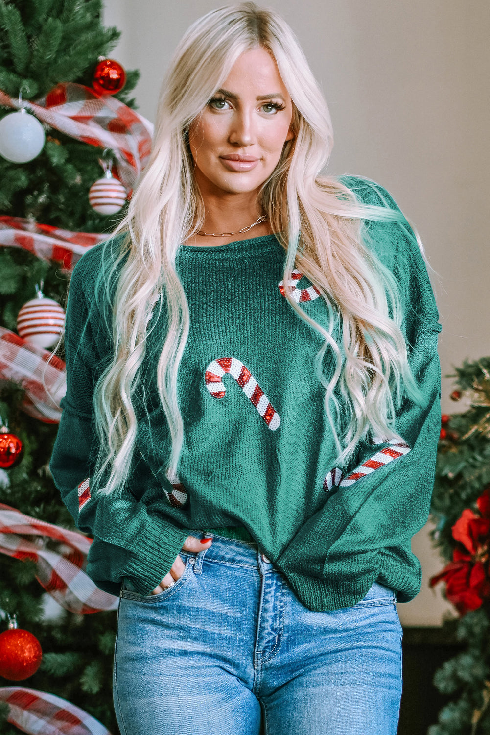 Grüne Pailletten -Candy Canes Lebkuchen Mann Pullover