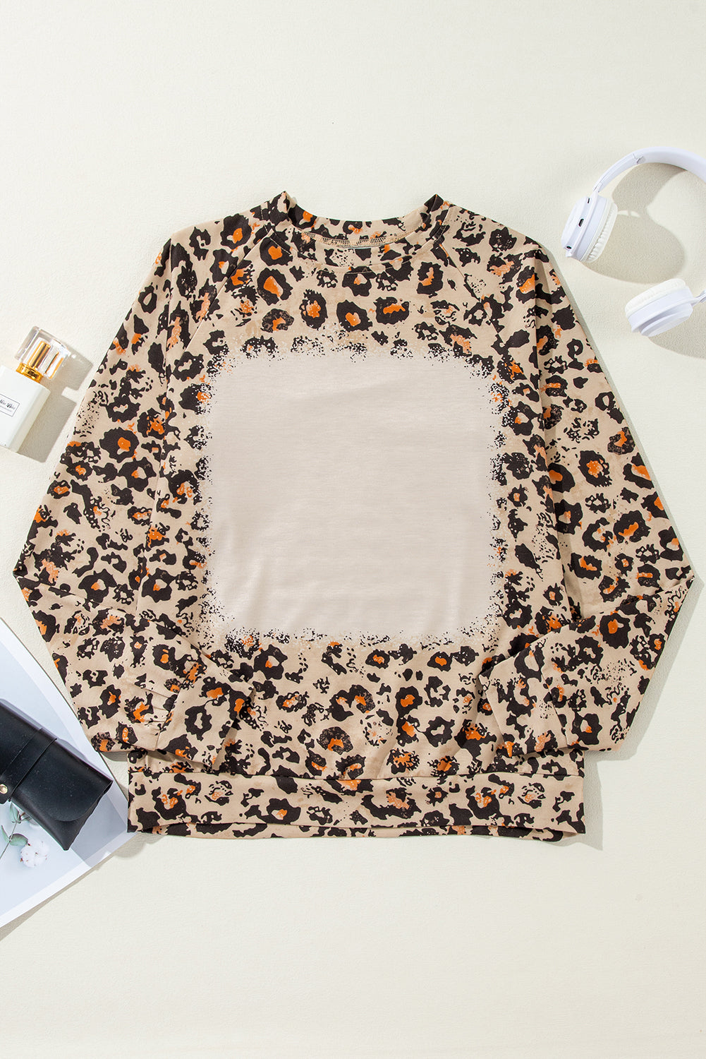 Brauner Leopard bleichte Raglan -Ärmelpullover Sweatshirt