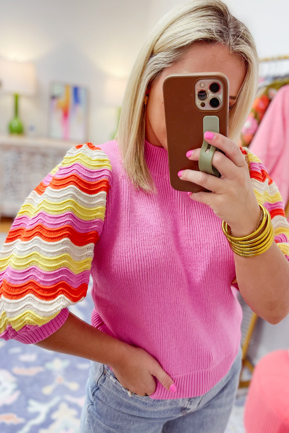 Pink Ribbed Knit Contrast Sleeve Sweater Top