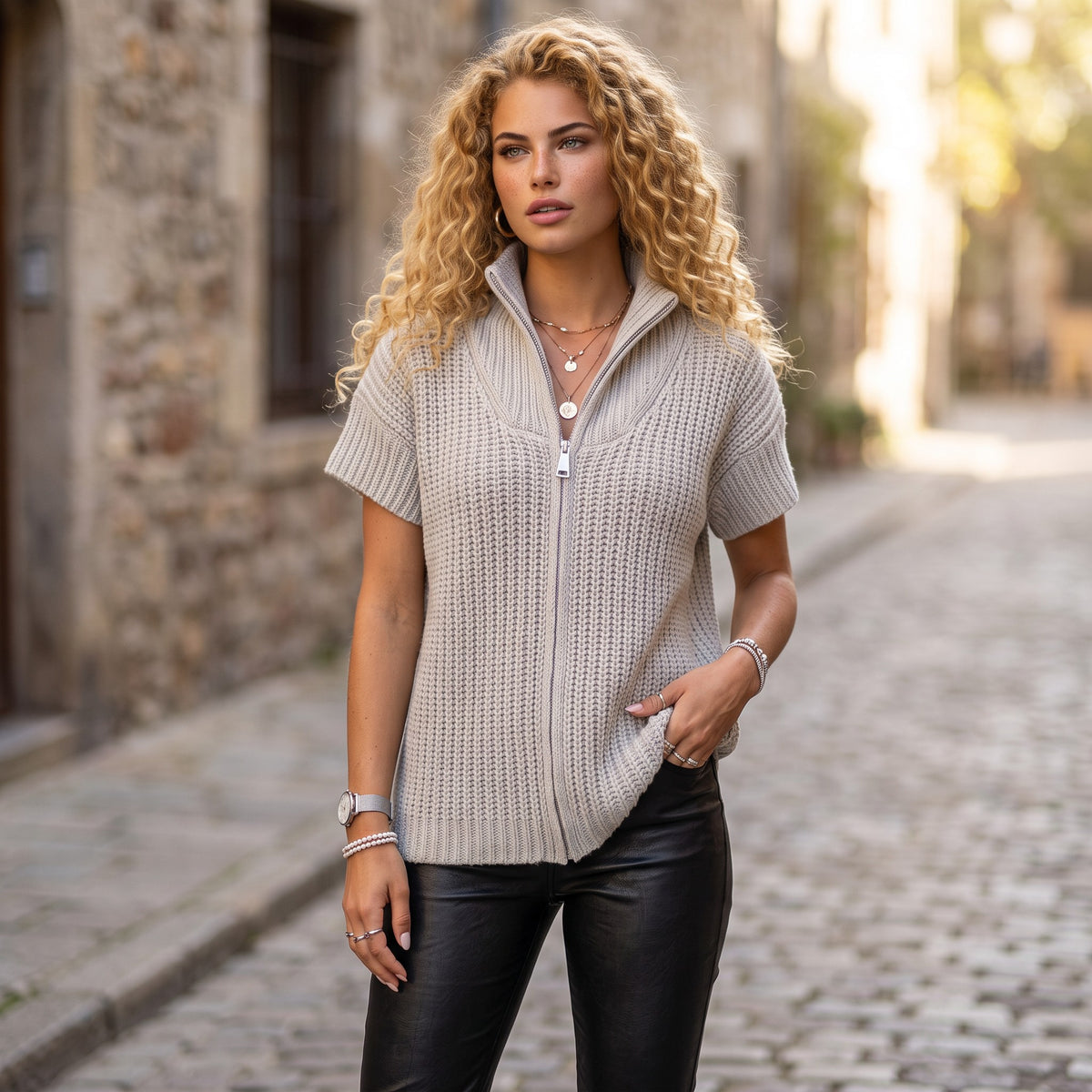 Pull à manches courtes et col montant zippé