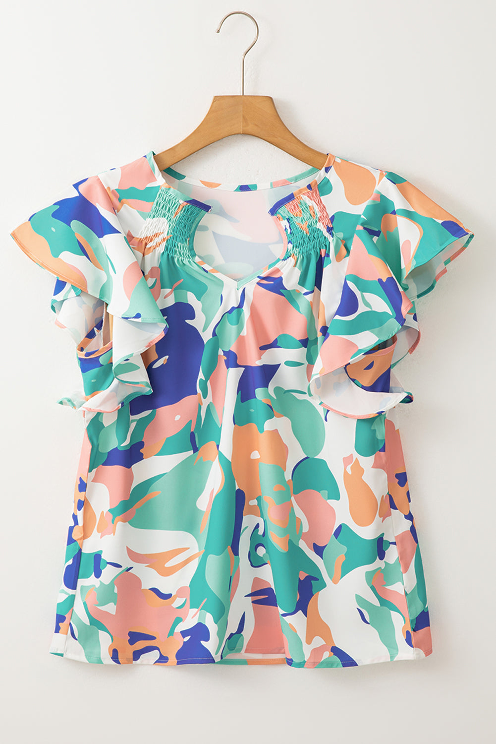 Green Abstract Print Notched Neck Flutter Sleeve Blouse