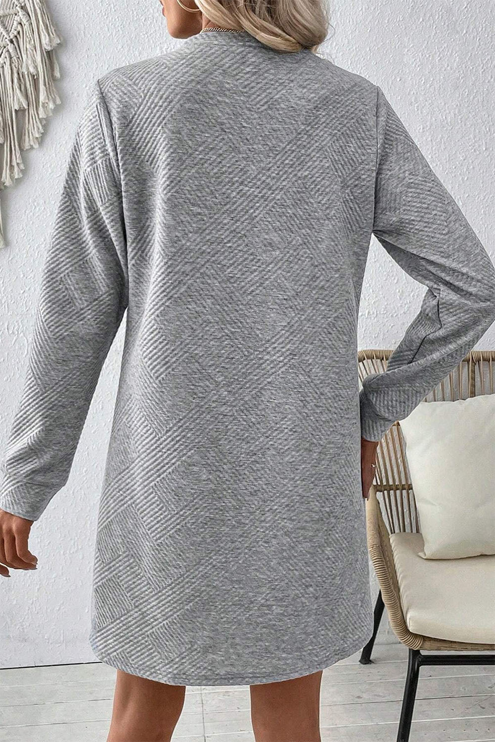 Gray Solid Color Textured Long Sleeve Shift Dress