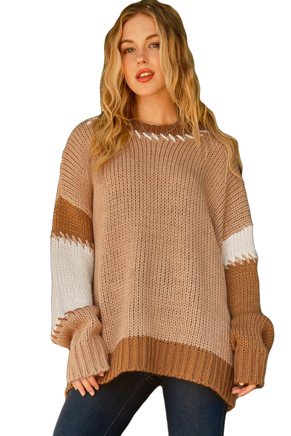 Leichter französischer Beige Farbblock Kontraststich übergroßer Pullover