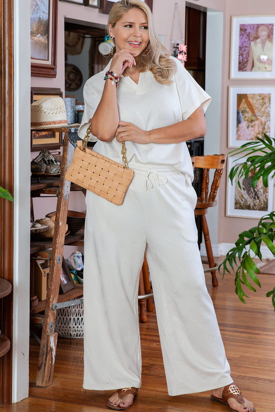 Beige Ensemble Haut et Pantalon à Col Texturé Grande Taille