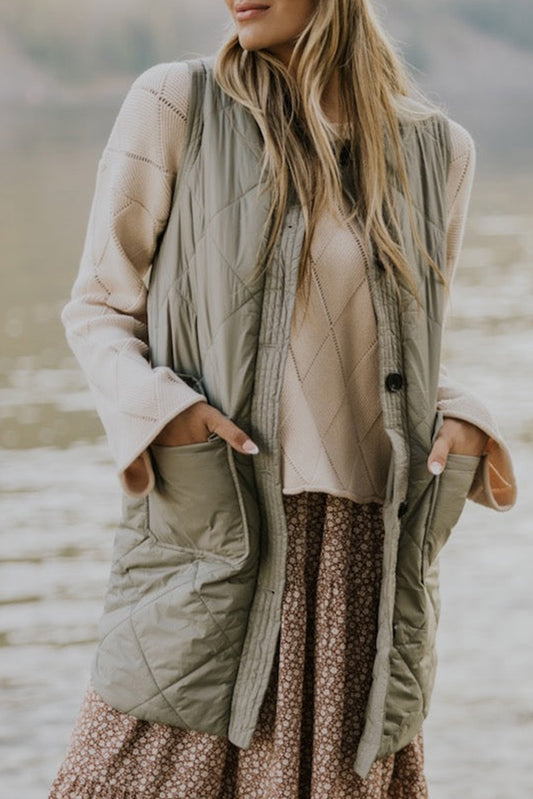 Veste gilet longue matelassée vert herbe avec poches