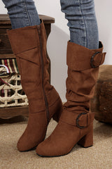 Bottes mi-mollet marron à double boucle et zip latéral, effet daim