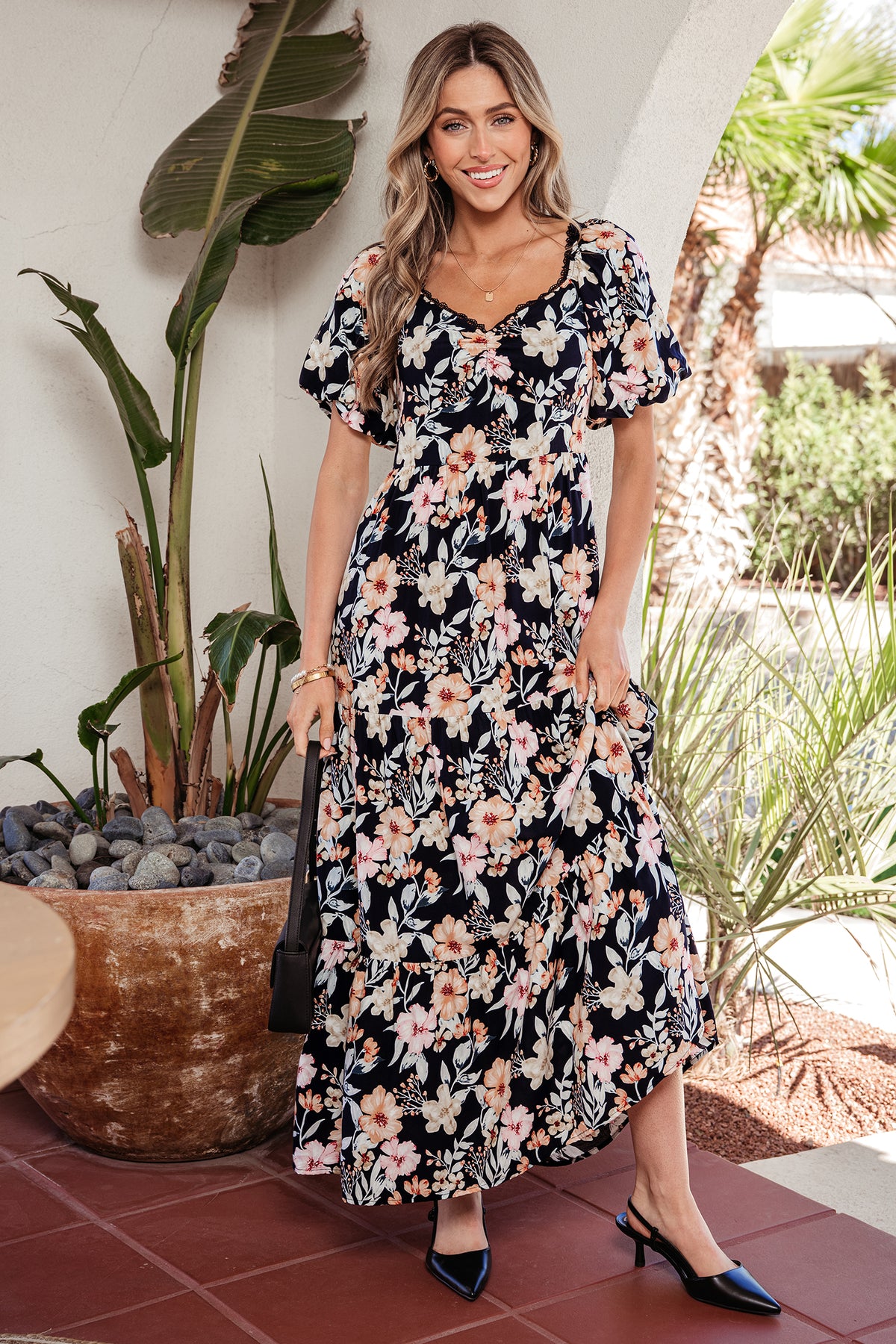 Robe longue bleue à manches courtes, taille haute