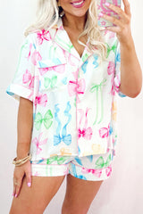 Ensemble pyjama blanc avec chemise boutonnée et short taille haute imprimé nœud papillon-A WOMAN WE LOVE