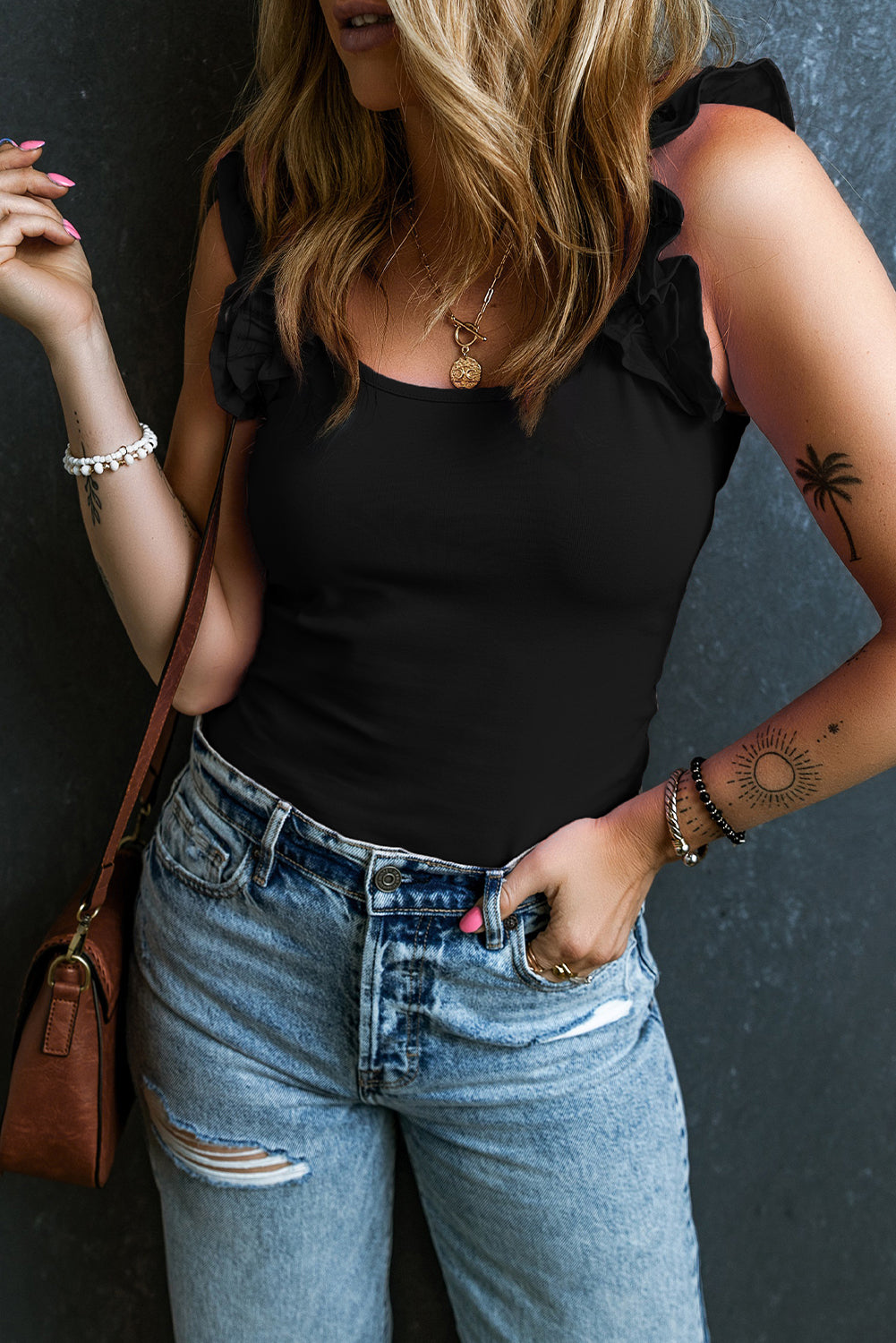 Black Ruffled Wide Straps Slim Tank Top-A WOMAN WE LOVE